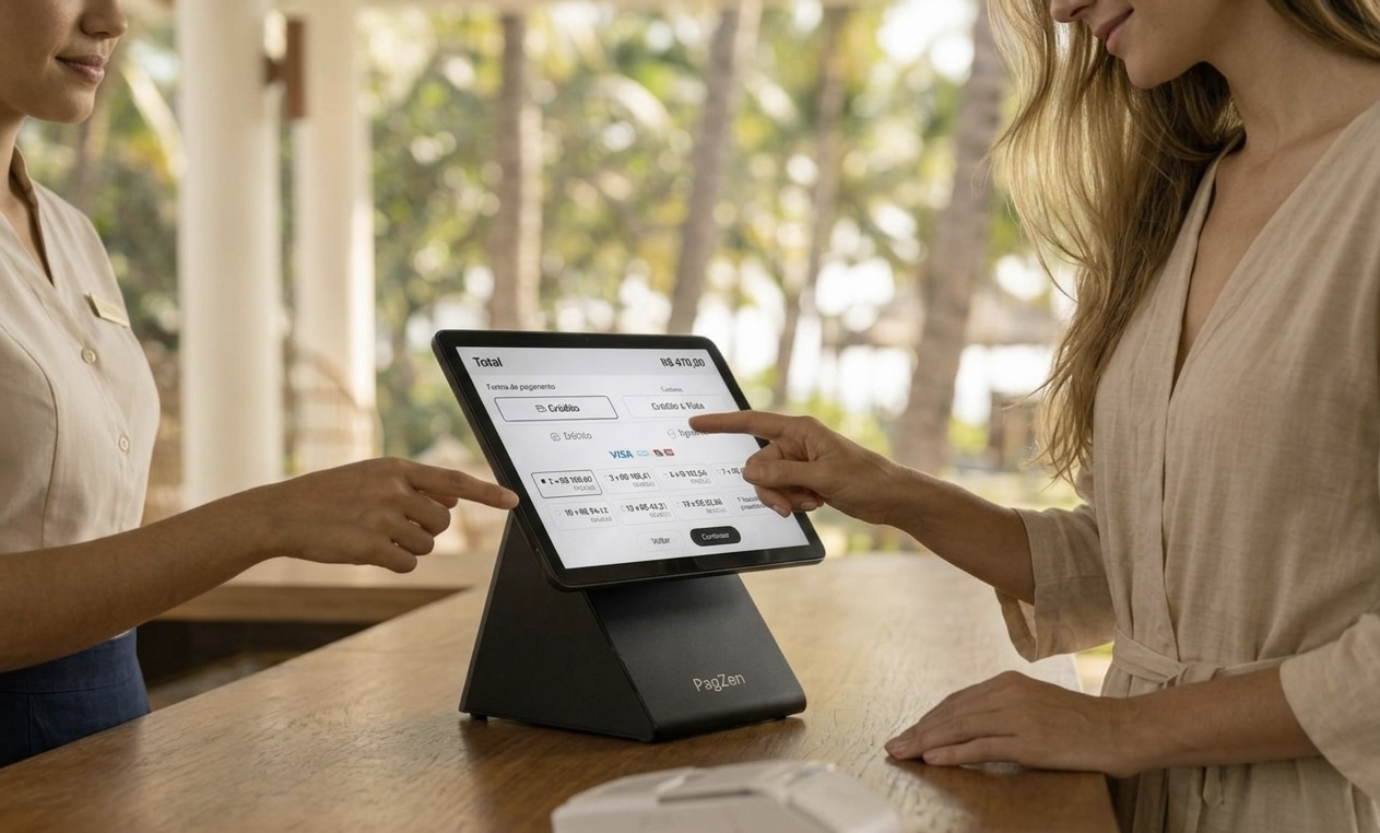 Tablet Pagzen no checkout do hotel